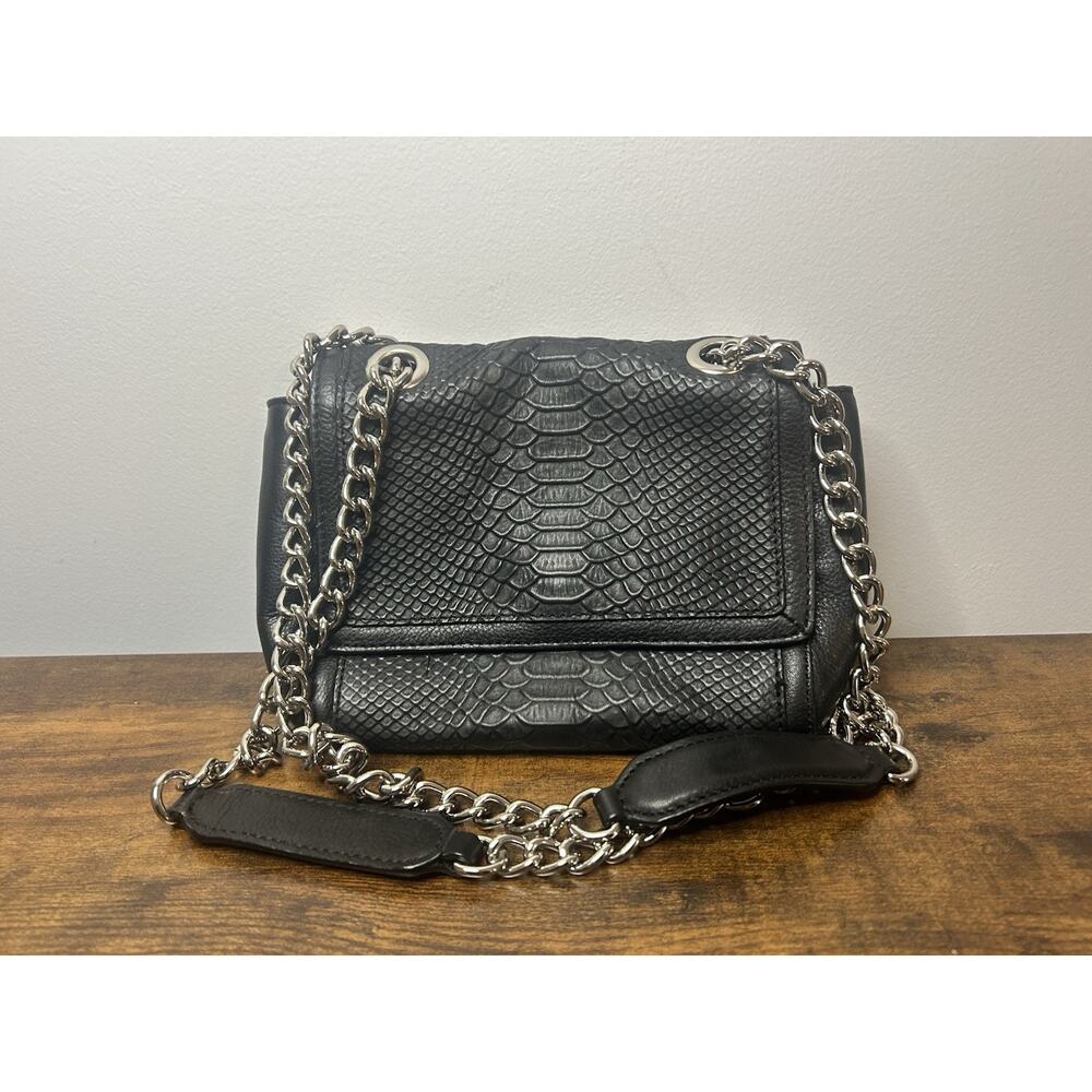AUDREY BROOKE Black Croc Embossed Leather Silver Chain Shoulder Crossbody Bag